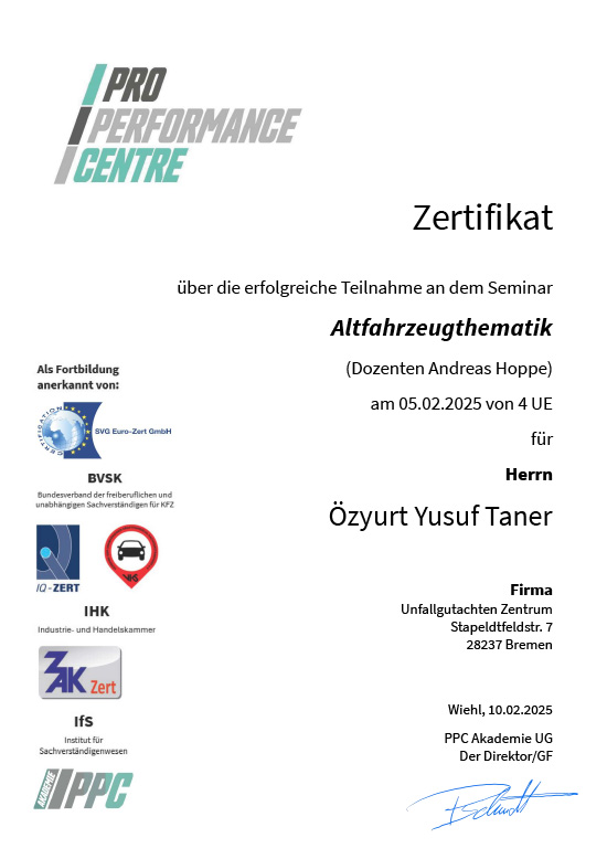 Pro Performance Centre Teilnahmebestätigung Altfahrzeugthematik