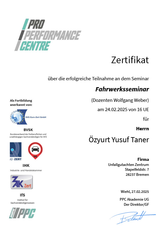 Pro Performance Centre Teilnahmebestätigung Fahrwerkseminar
