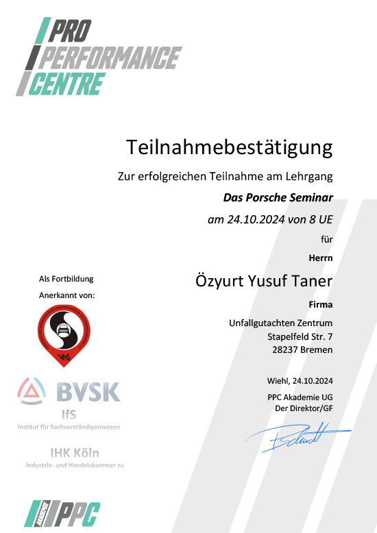 Pro Performance Centre Teilnahmebestätigung Porsche