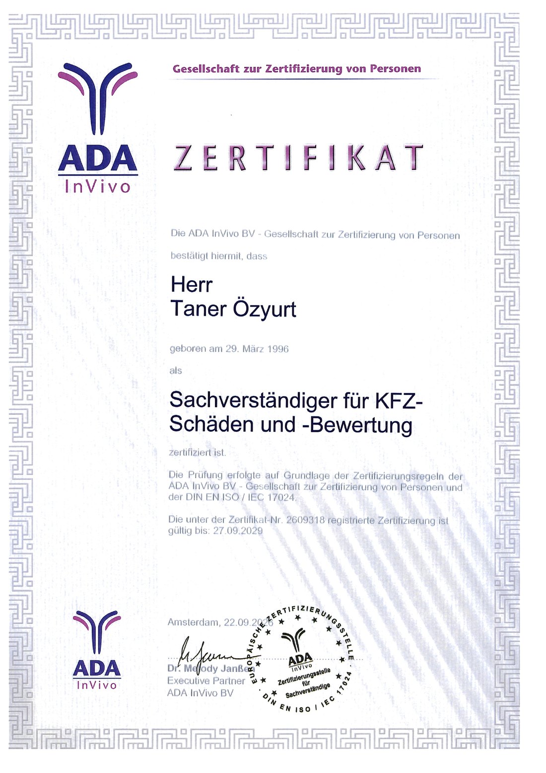 ADA InVivo Zertifikat – Taner Özyurt, Sachverständiger für KFZ-Schäden und -Bewertung nach DIN EN ISO/IEC 17024